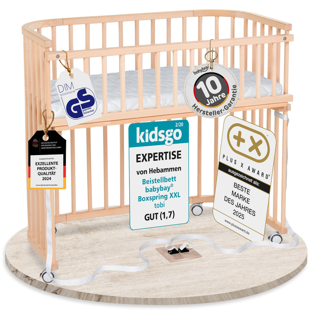 babybay Original Beistellbett aus massivem Buchenholz mit Matratze – Höhenverstellbares mitwachsendes Babybett