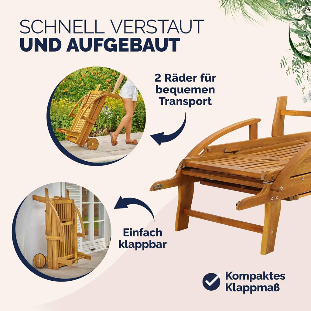 Casaria Sonnenliege 2er Set aus Akazienholz, Braun, klappbar mit Rädern & Tisch, 195x59x30 cm