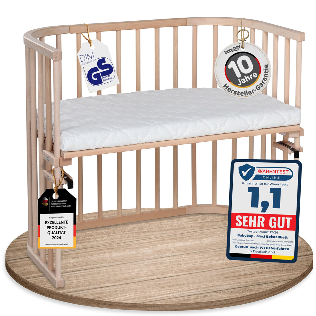 babybay Original Beistellbett aus massivem Buchenholz mit Matratze – Höhenverstellbares mitwachsendes Babybett