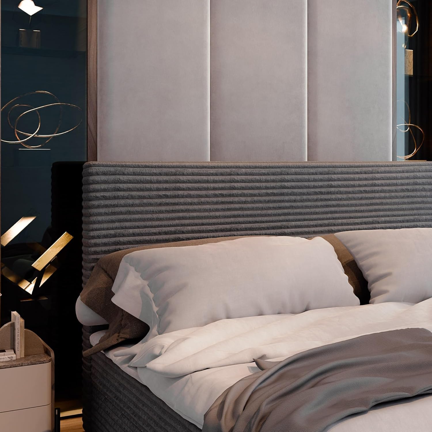 Masseno Boxspringbett PISA Polsterbett Creme mit Matratze & Topper, Bettkasten, gepolstertes Kopfteil TILIA 03