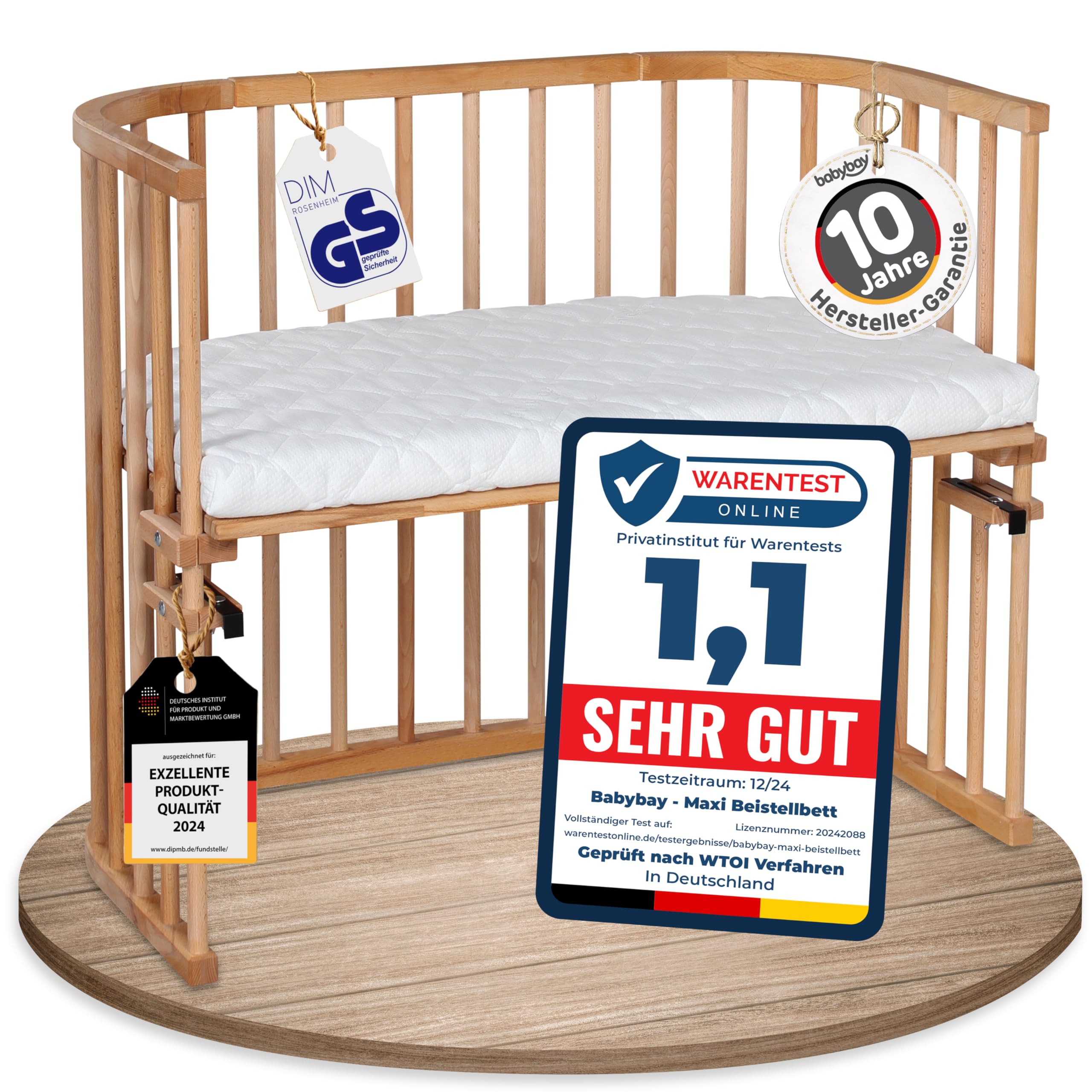 babybay Original Beistellbett aus massivem Buchenholz mit Matratze – Höhenverstellbares mitwachsendes Babybett