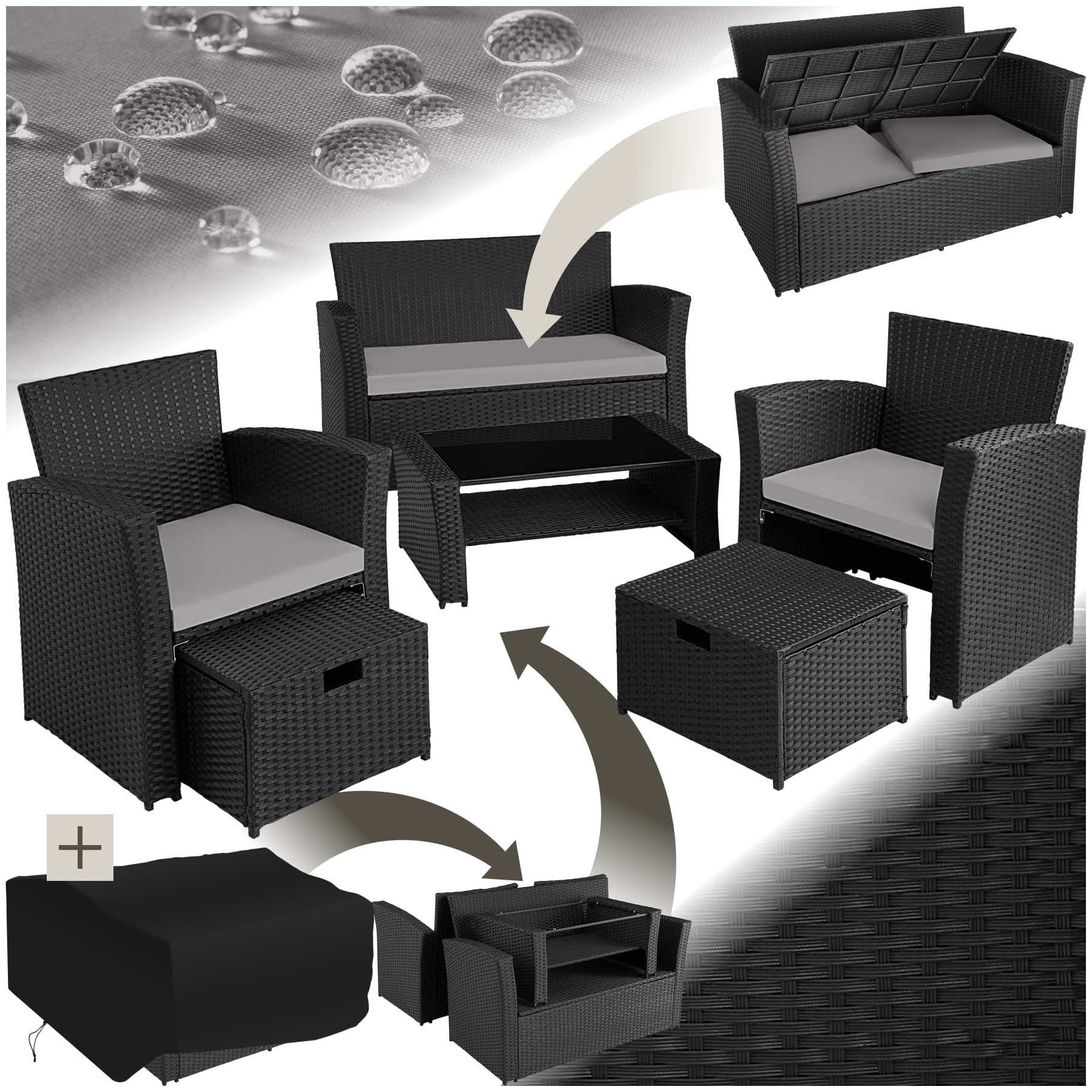 tectake Polyrattan Garten Lounge Set 4 Personen mit Hocker & Auflagenbox, Outdoor Sitzgruppe mit Tisch & Kissen, Balkonmöbel