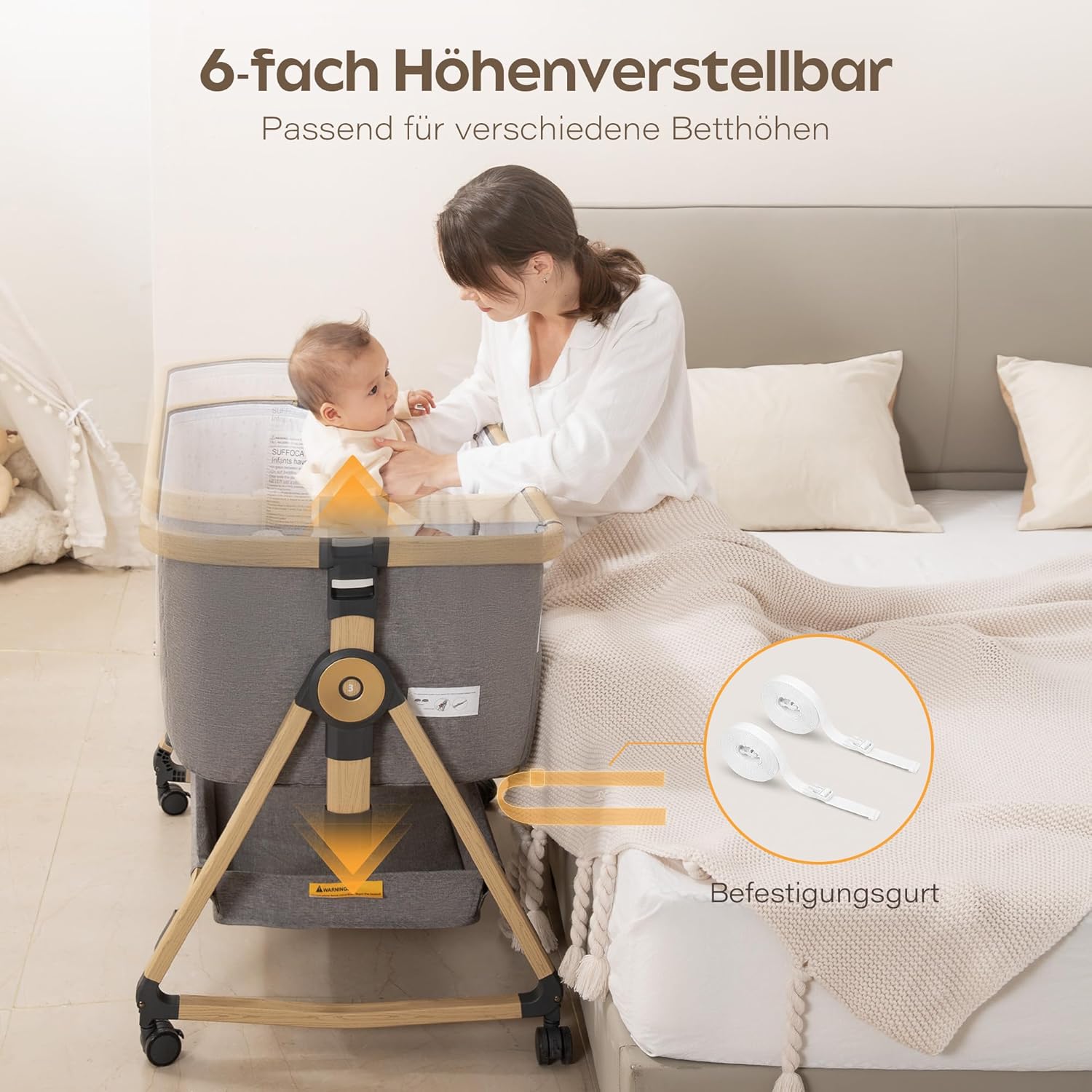 Maydolly 3-in-1 Baby Beistellbett Grau mit Matratze & Moskitonetz, Höhenverstellbares Reisebett mit Rollen für Neugeborene