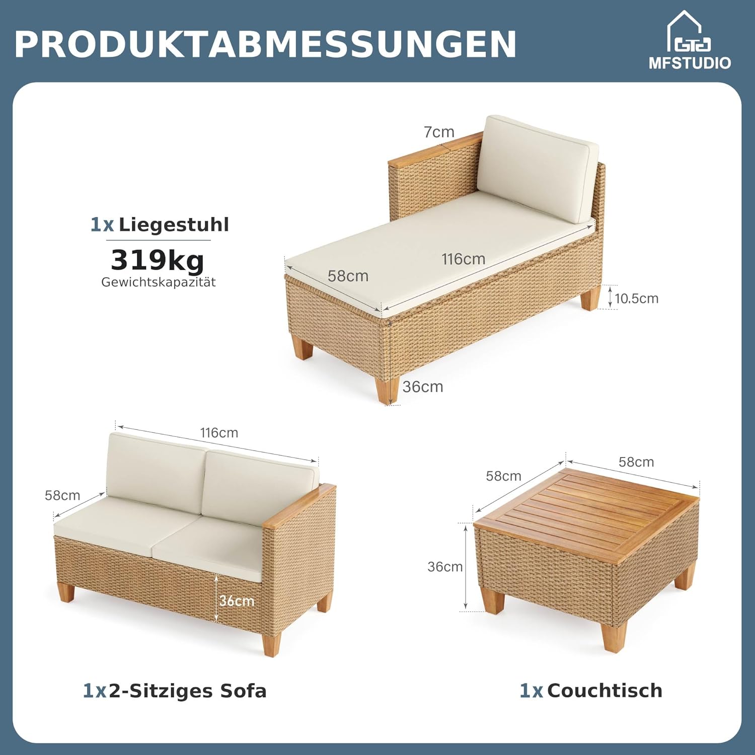 MFSTUDIO Gartenmöbel Set Polyrattan Braun 3-teilig L-Form mit Kissen & Akazienholz Tisch, Lounge Set für 4 Personen