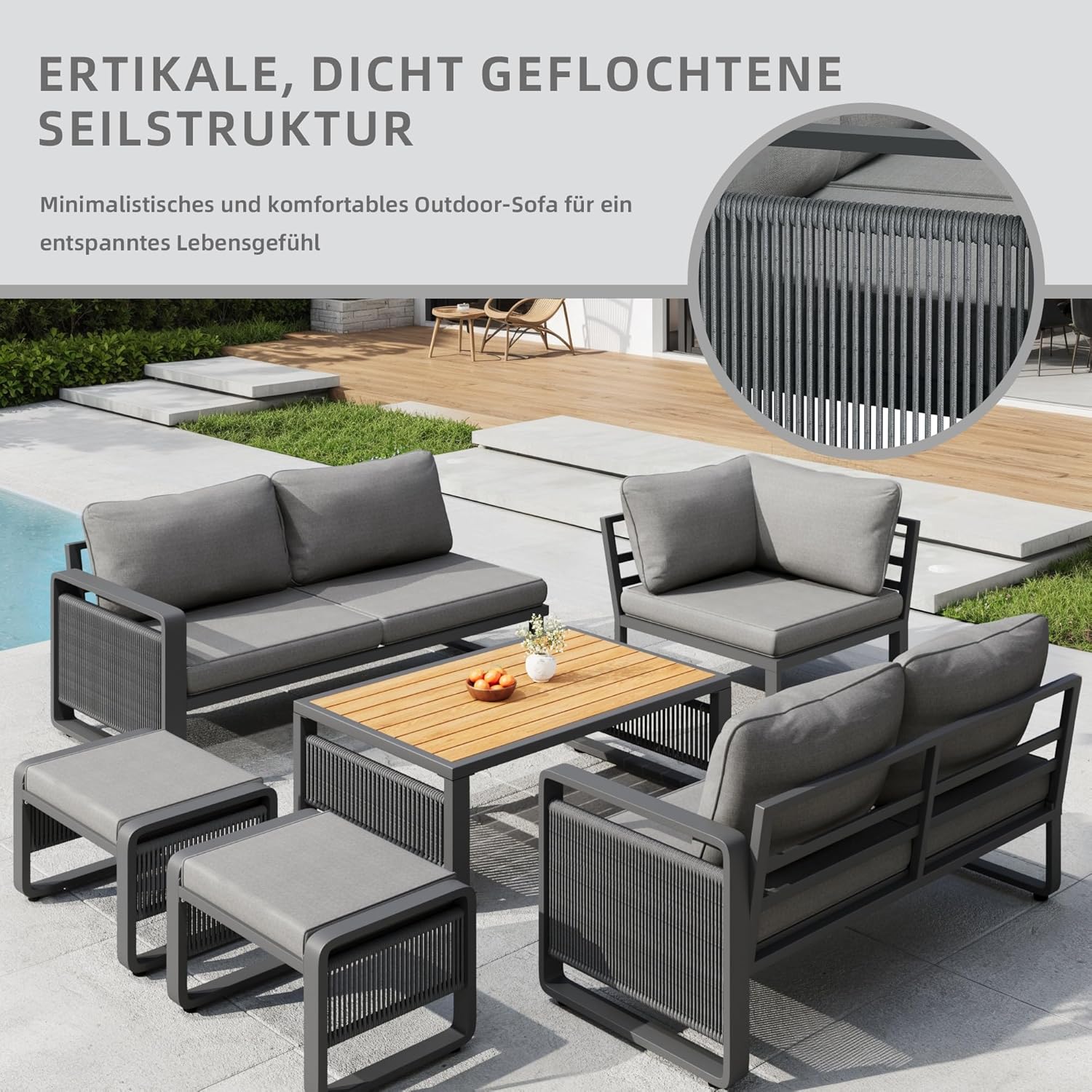 Merax Gartenmöbel Lounge Set Grau für 6-7 Personen, Wetterfestes Gartensofa mit Liege & Eckgarnitur für Terrasse und Balkon