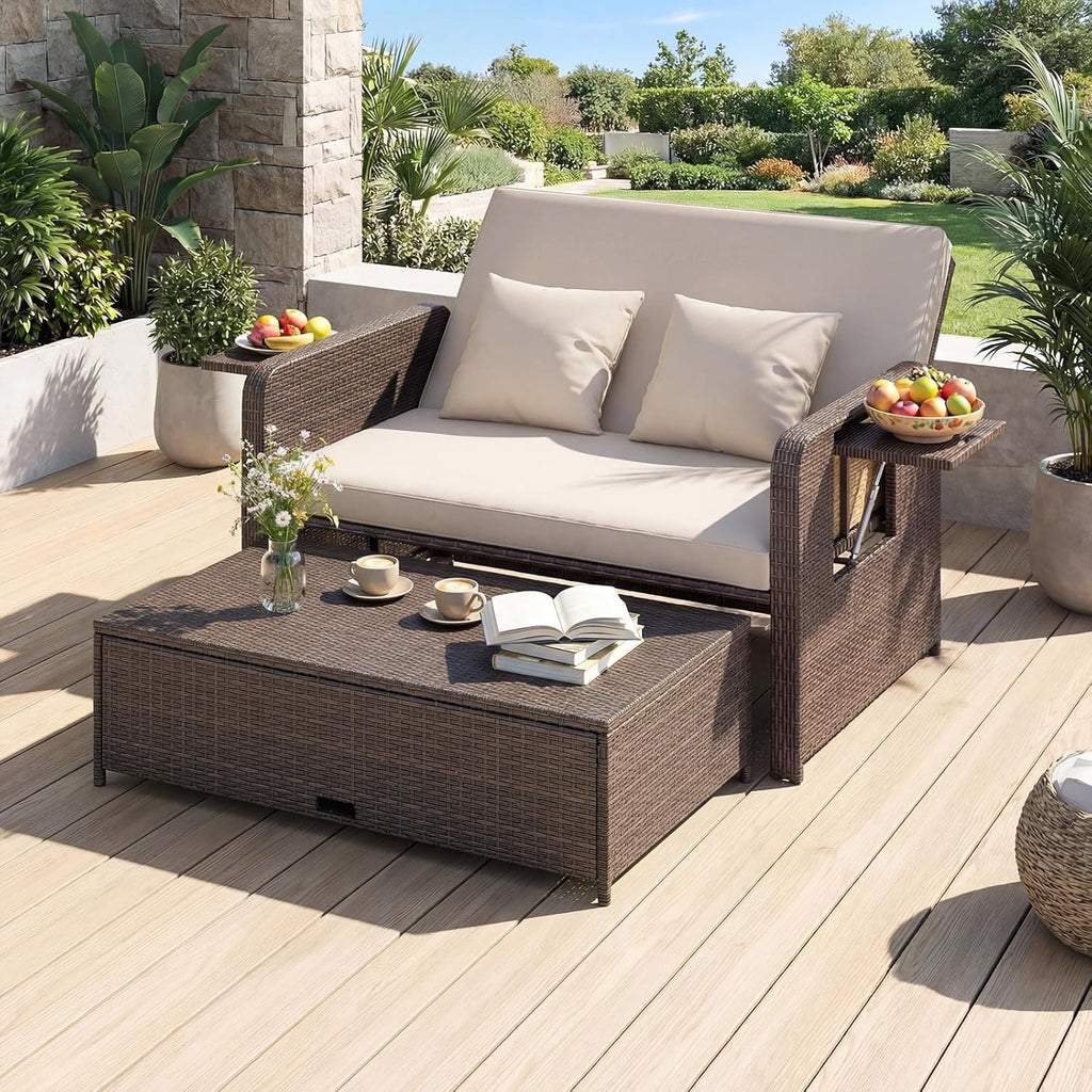 GIANTEX Rattan Lounge Gartenmöbel Set 2-Sitzer Doppelliege mit Hocker & Stauraum, Verstellbares Outdoor Sofa Balkon Terrasse