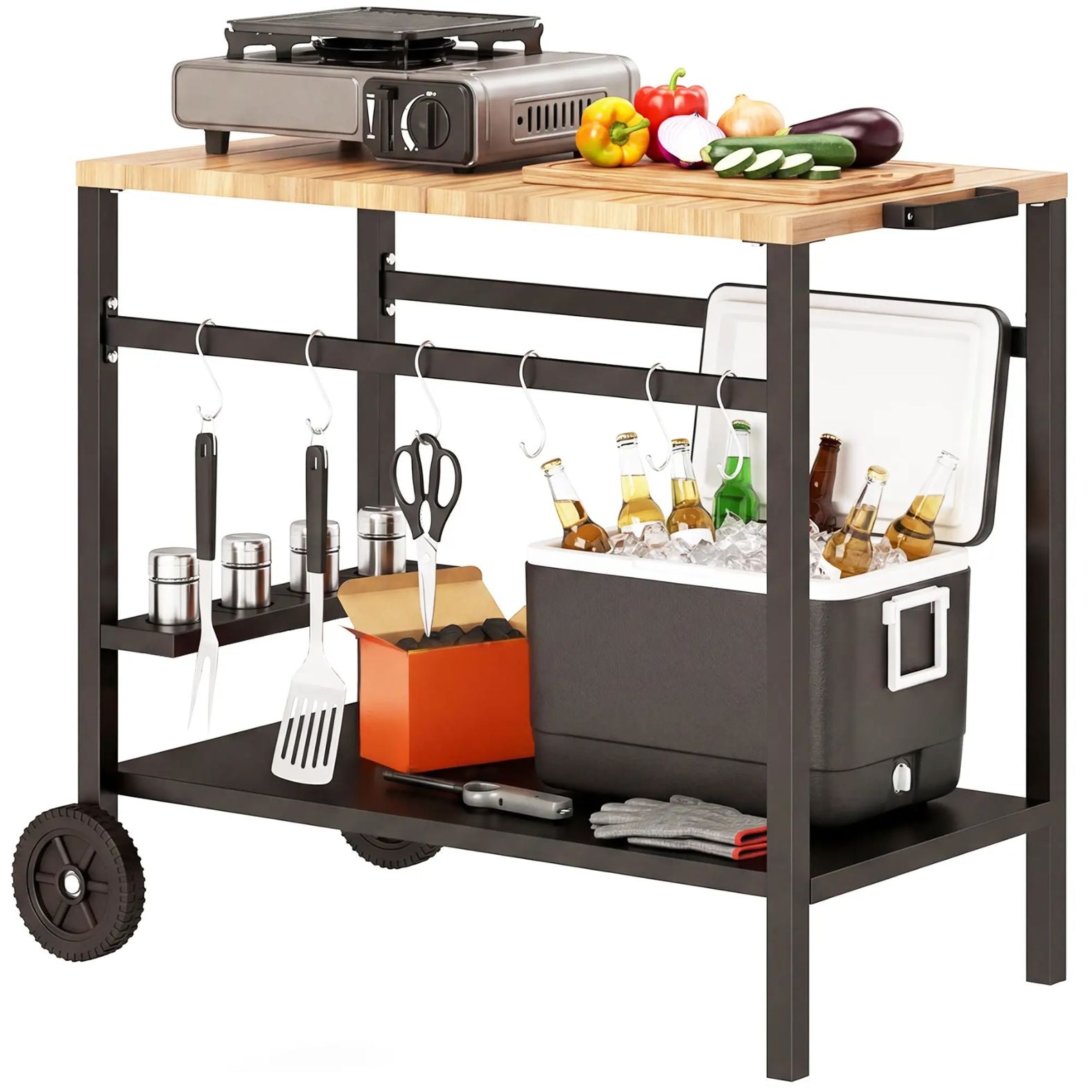Mobiler Servierwagen mit Rollen und Stauraum – Grilltisch für Innen- und Außenbereich mit Getränkehalter – 97 cm