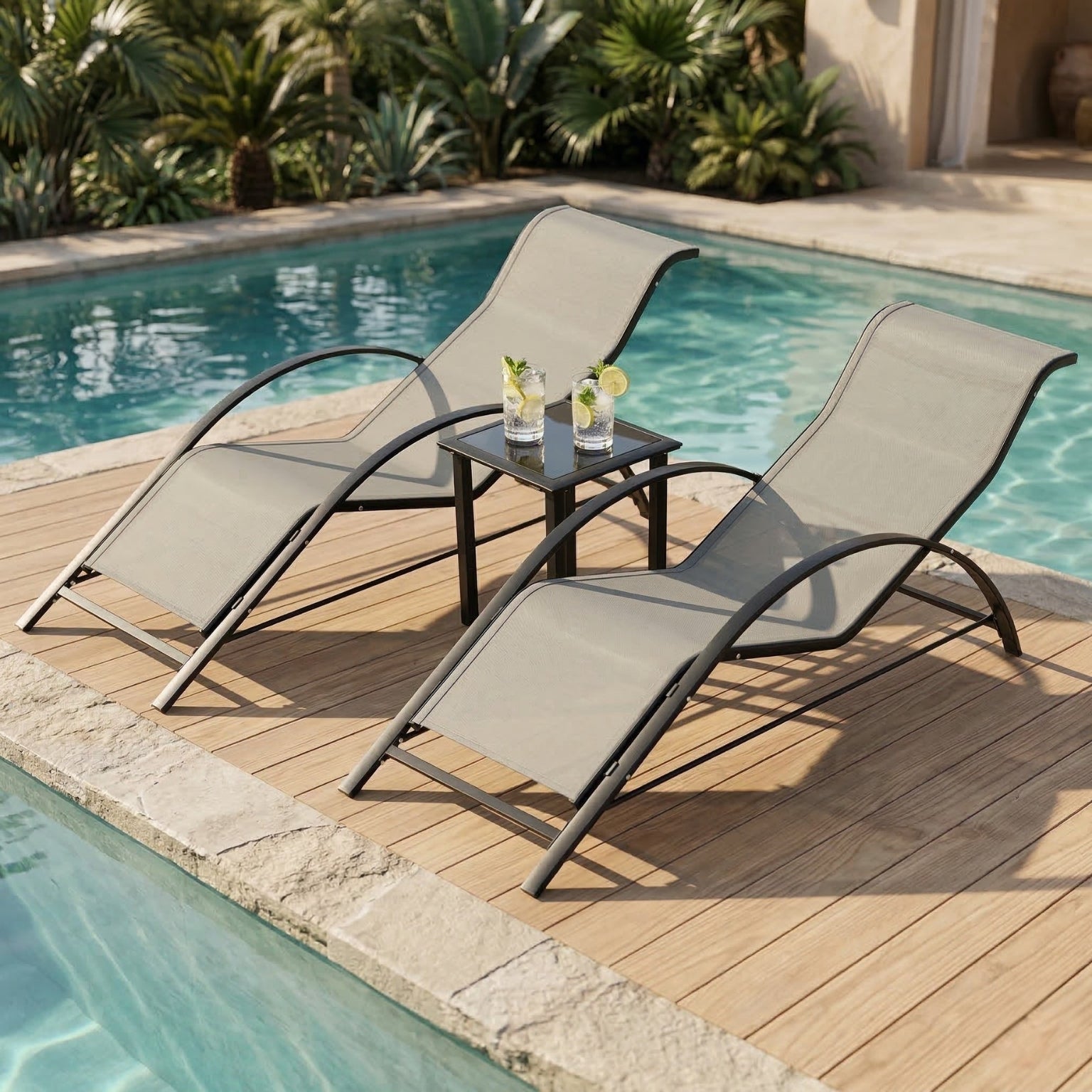 Elegantes 3-teiliges Lounge-Set – 2 ergonomische S-förmige Sonnenliegen mit Beistelltisch