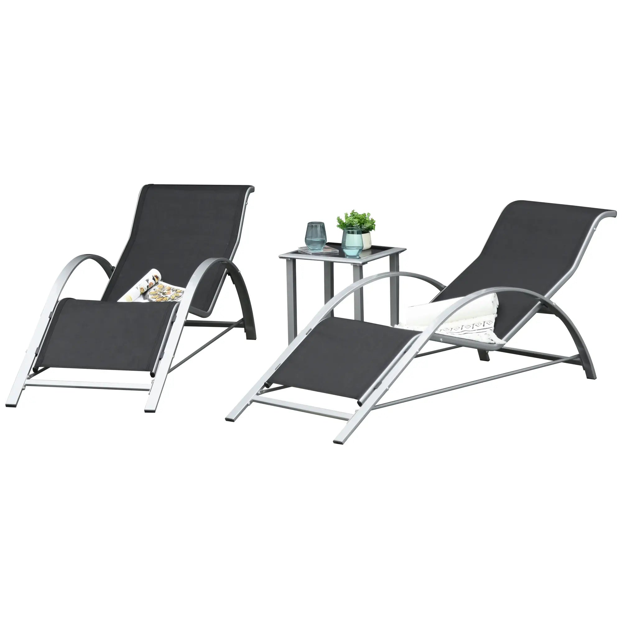 Elegantes 3-teiliges Lounge-Set – 2 ergonomische S-förmige Sonnenliegen mit Beistelltisch