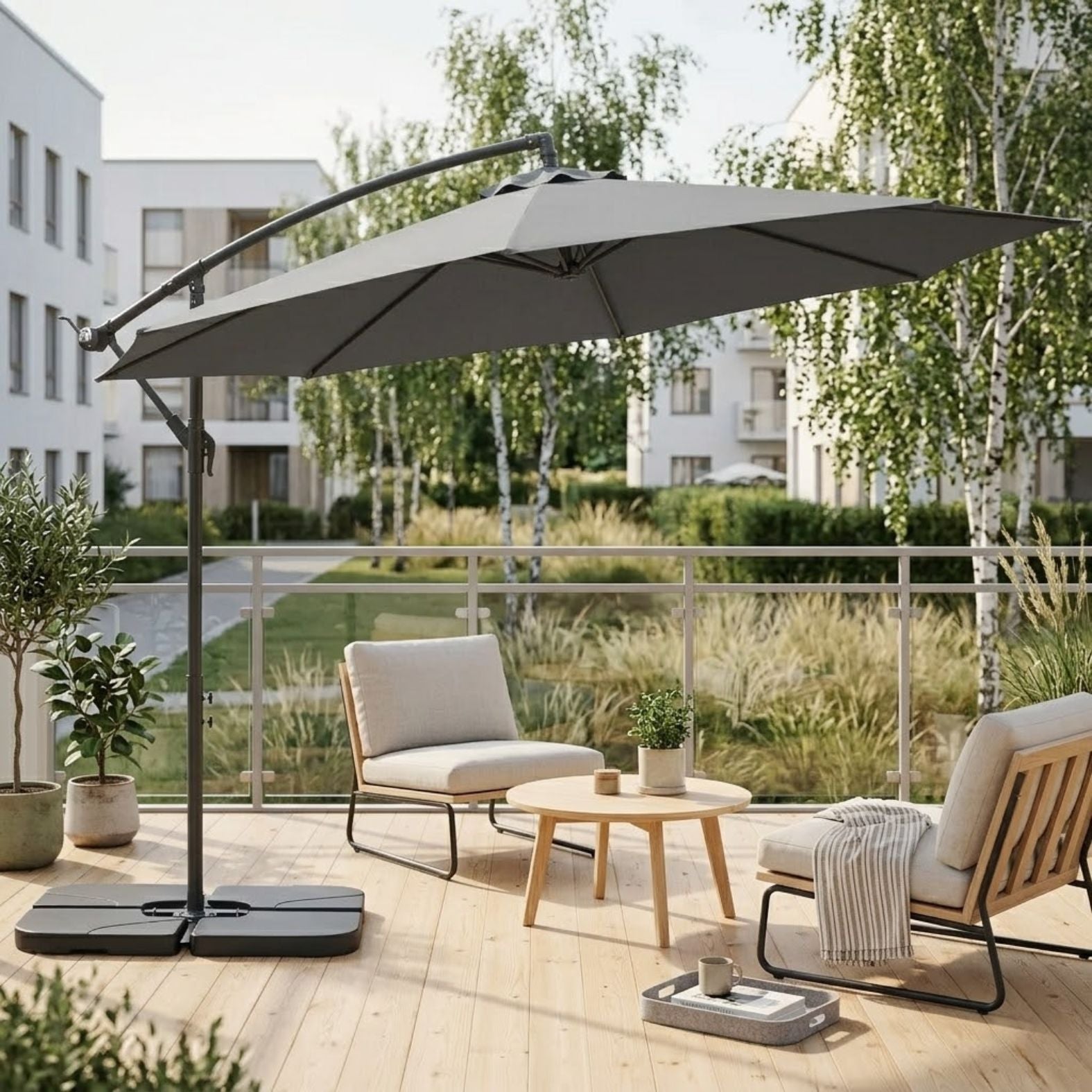Moderner Hängeampelschirm mit Kreuzfuß und Gewichten – Verstellbarer Sonnenschirm mit UV-Schutz – Ø292 cm – Grau