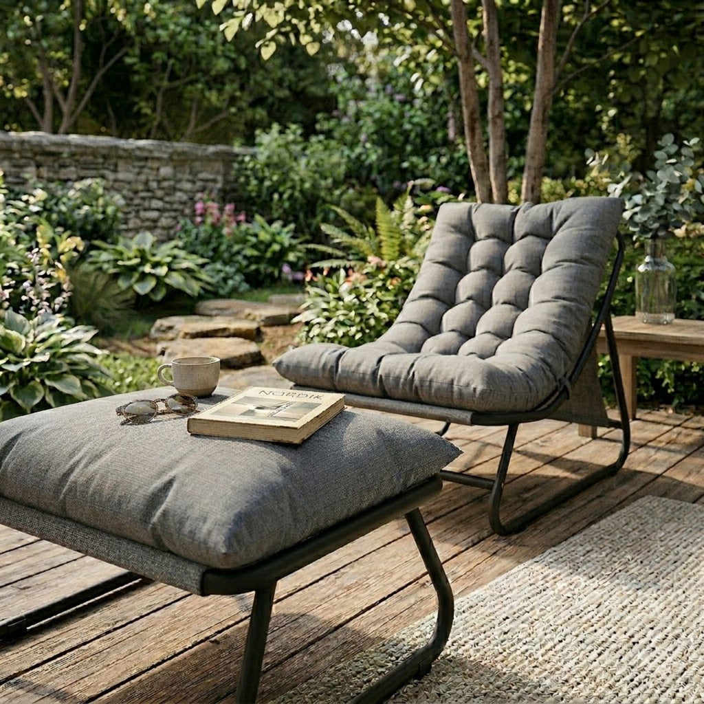 Stilvoller Loungesessel mit Fußhocker – 13 cm Dickes Polster – Dunkelgrau