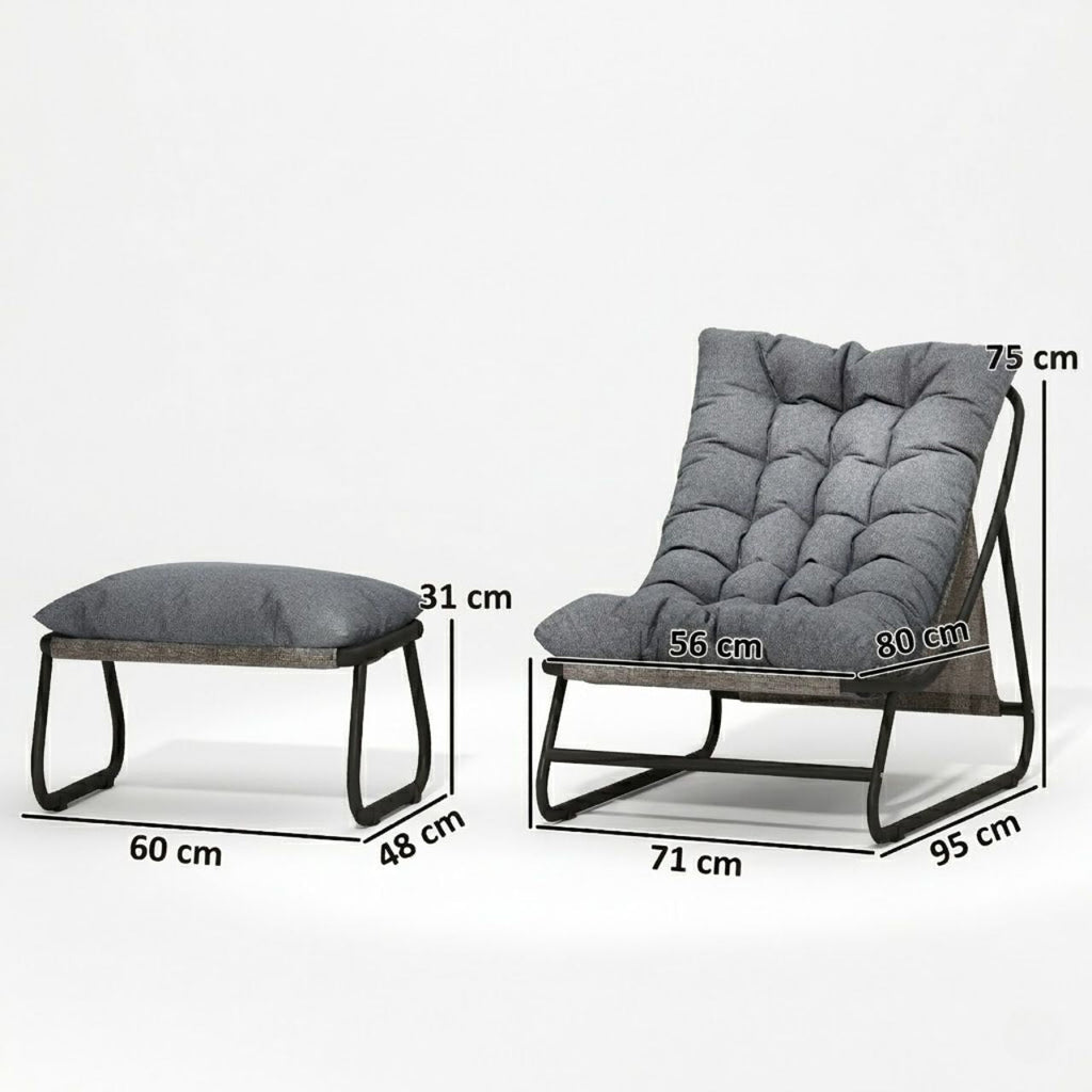 Stilvoller Loungesessel mit Fußhocker – 13 cm Dickes Polster – Dunkelgrau