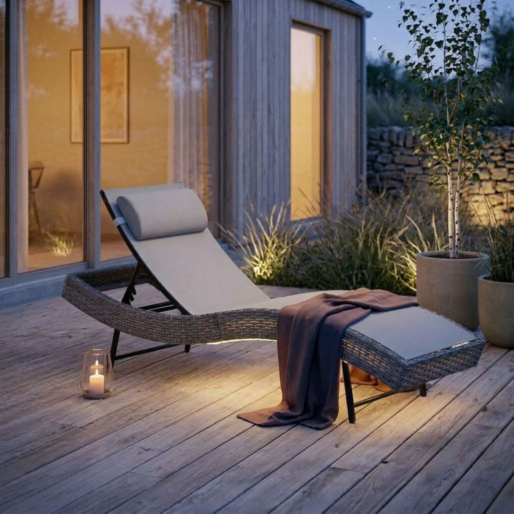 Stilvolle ergonomische S-förmige Sonnenliege aus Polyrattan – Verstellbare Rückenlehne – Grau