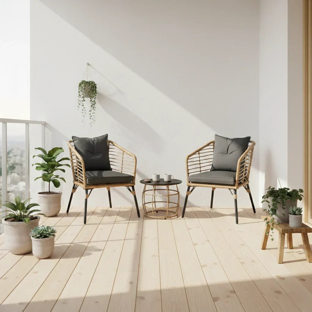 Rattan Sitzgruppe mit Polstern für Balkon und Terrasse – 2 Loungesessel und Tisch