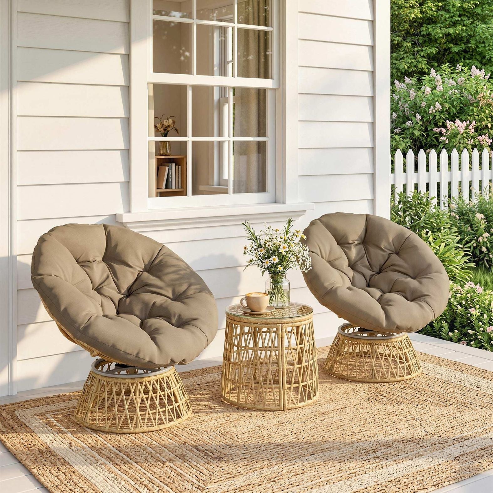 Rattan-Loungeset mit 2 drehbaren Sesseln, Tisch und dicken Polstern – 360°-Funktion