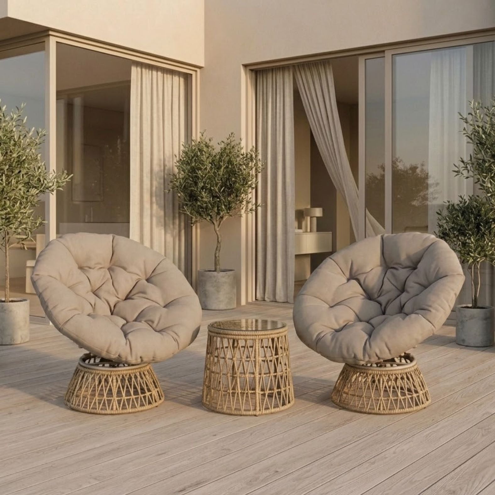 Rattan-Loungeset mit 2 drehbaren Sesseln, Tisch und dicken Polstern – 360°-Funktion