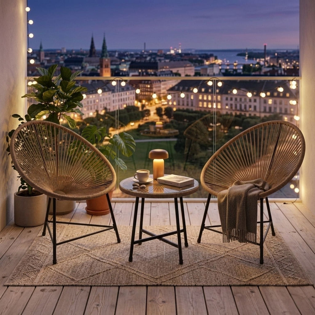 Stilvolle Acapulco Sitzgruppe für Balkon und Terrasse – 2 Sessel und Tisch – Naturfarbenes Rattan