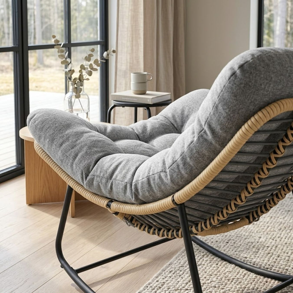Großer Schaukelnder Lounge-Sessel aus Polyrattan – Dickes Kissen – für Innen und Außen
