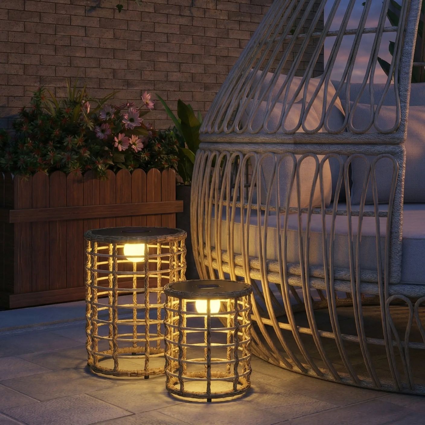 Rattan-Solarlampen – 2er-Set Beistelltische mit Beleuchtung für Terrasse – Ø45 & 35 cm