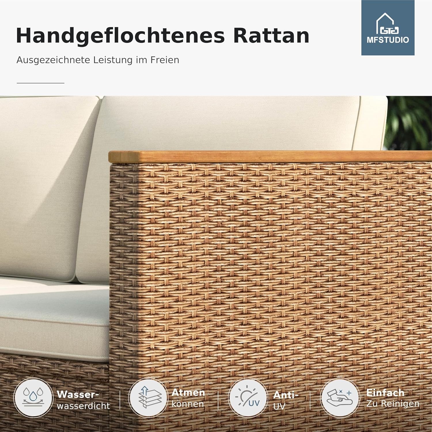 MFSTUDIO Gartenmöbel Set Polyrattan Braun 3-teilig L-Form mit Kissen & Akazienholz Tisch, Lounge Set für 4 Personen