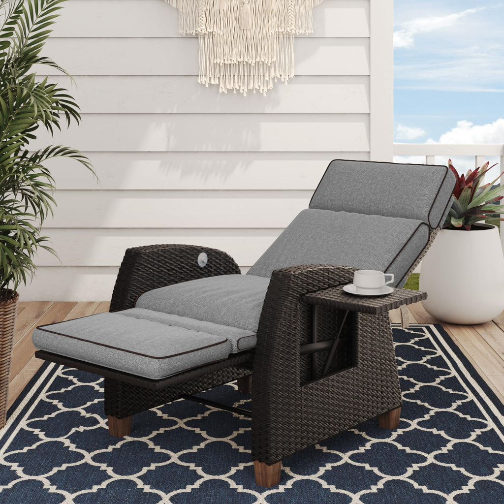 Grand patio Relaxliege Rattan Sonnenliege mit Verstellbarer Rückenlehne & Sitzkissen, Outdoor Liegesessel Braun/Dunkelgrau