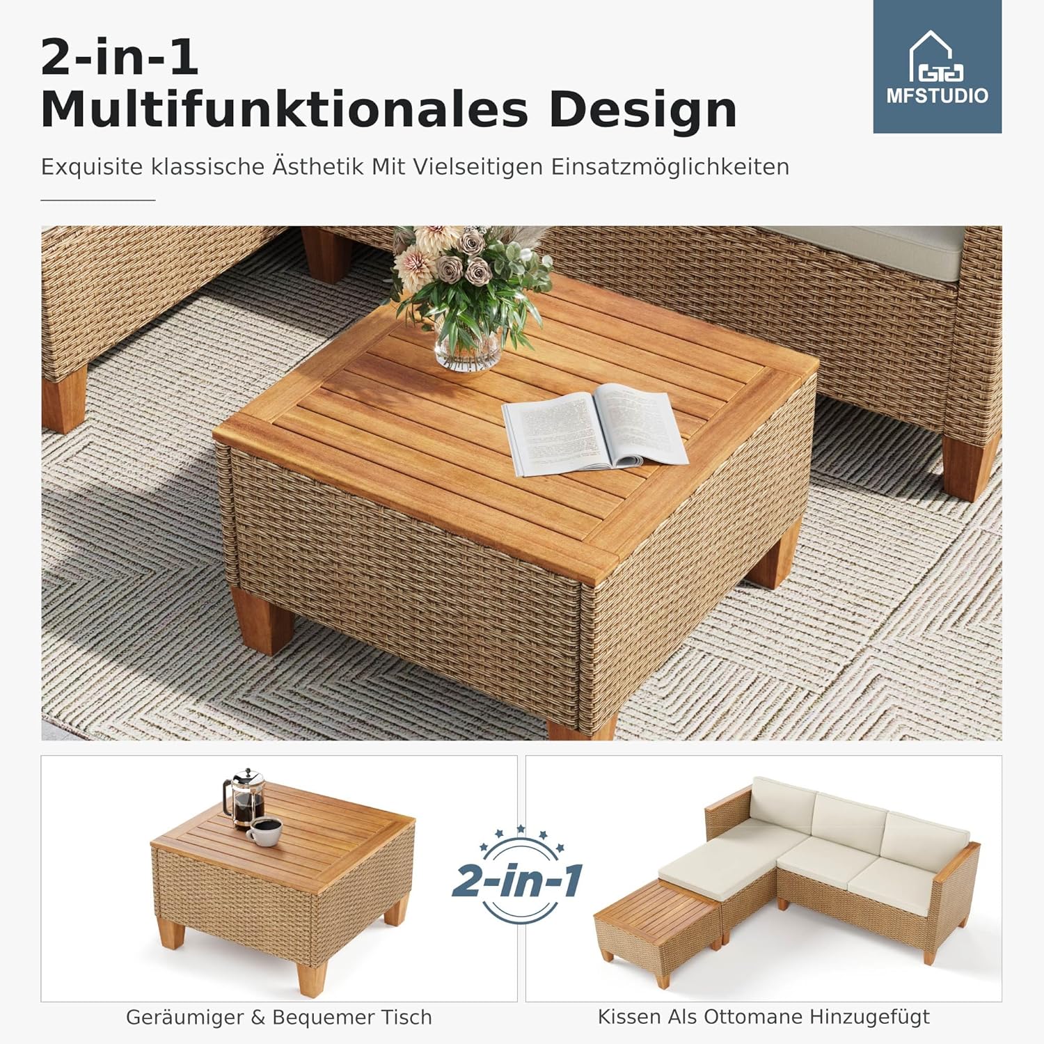 MFSTUDIO Gartenmöbel Set Polyrattan Braun 3-teilig L-Form mit Kissen & Akazienholz Tisch, Lounge Set für 4 Personen