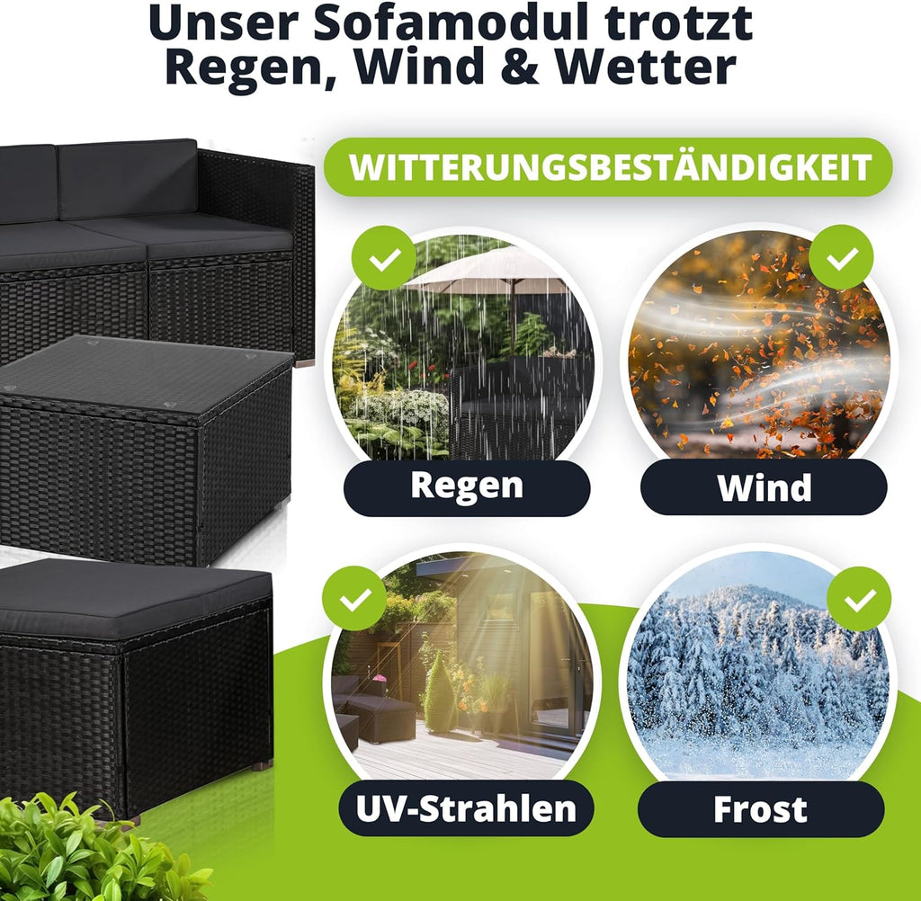 Juskys Polyrattan Lounge Set für 3-4 Personen mit Sofa, Hocker, Tisch & Kissen, Wetterfeste Gartenmöbel