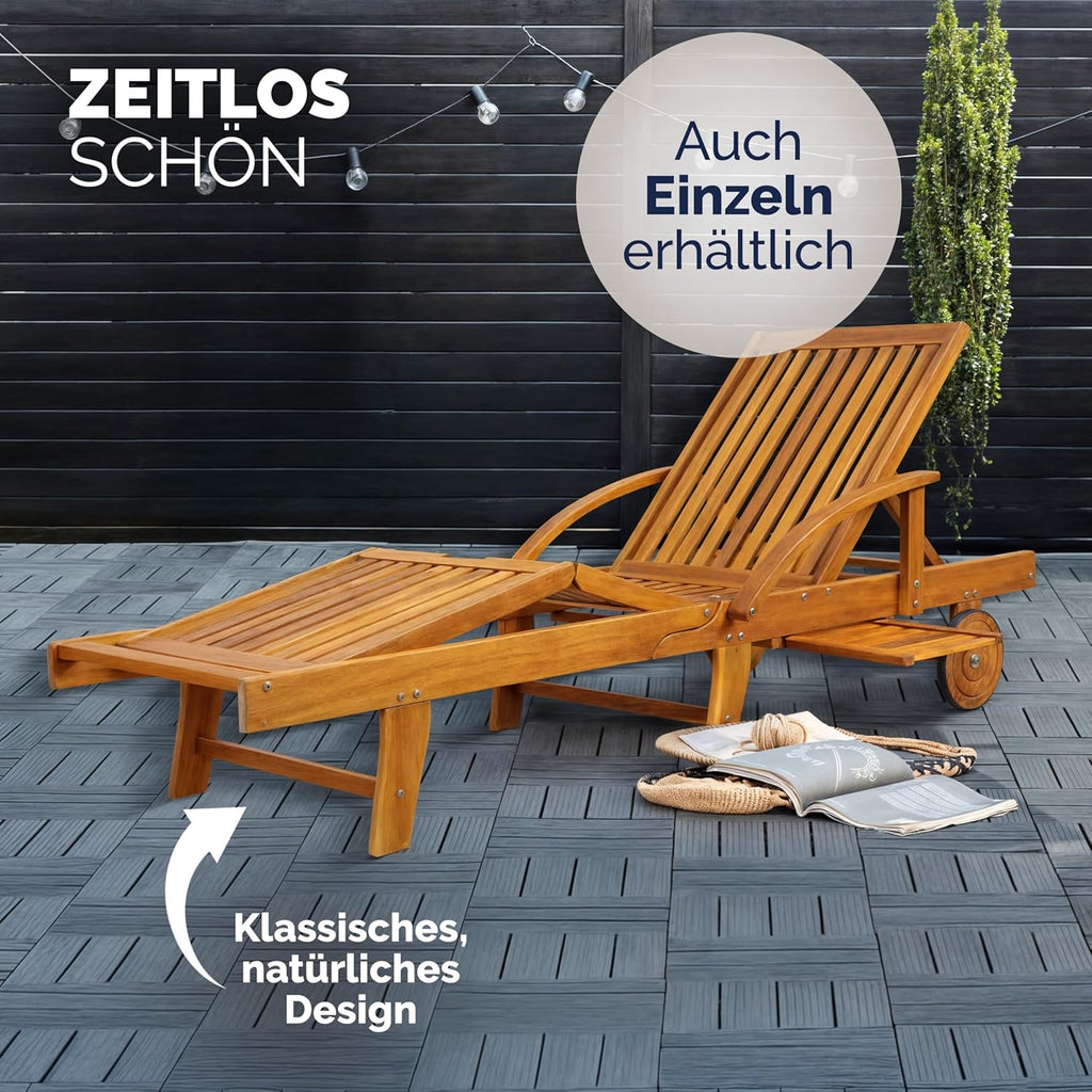 Casaria Sonnenliege 2er Set Akazienholz Klappbar Wetterfest mit Rädern & Ausziehtisch Gartenliege Braun 196 cm