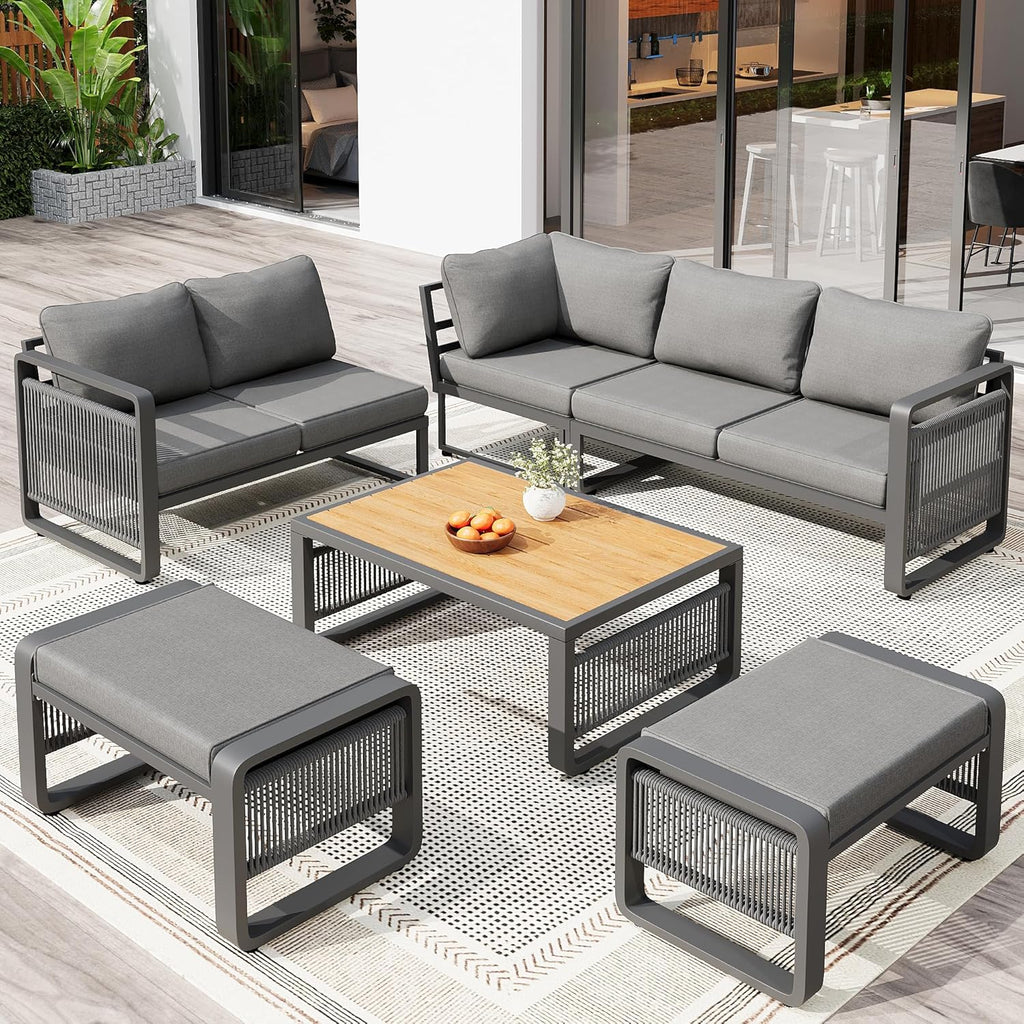 Merax Gartenmöbel Lounge Set Grau für 6-7 Personen, Wetterfestes Gartensofa mit Liege & Eckgarnitur für Terrasse und Balkon