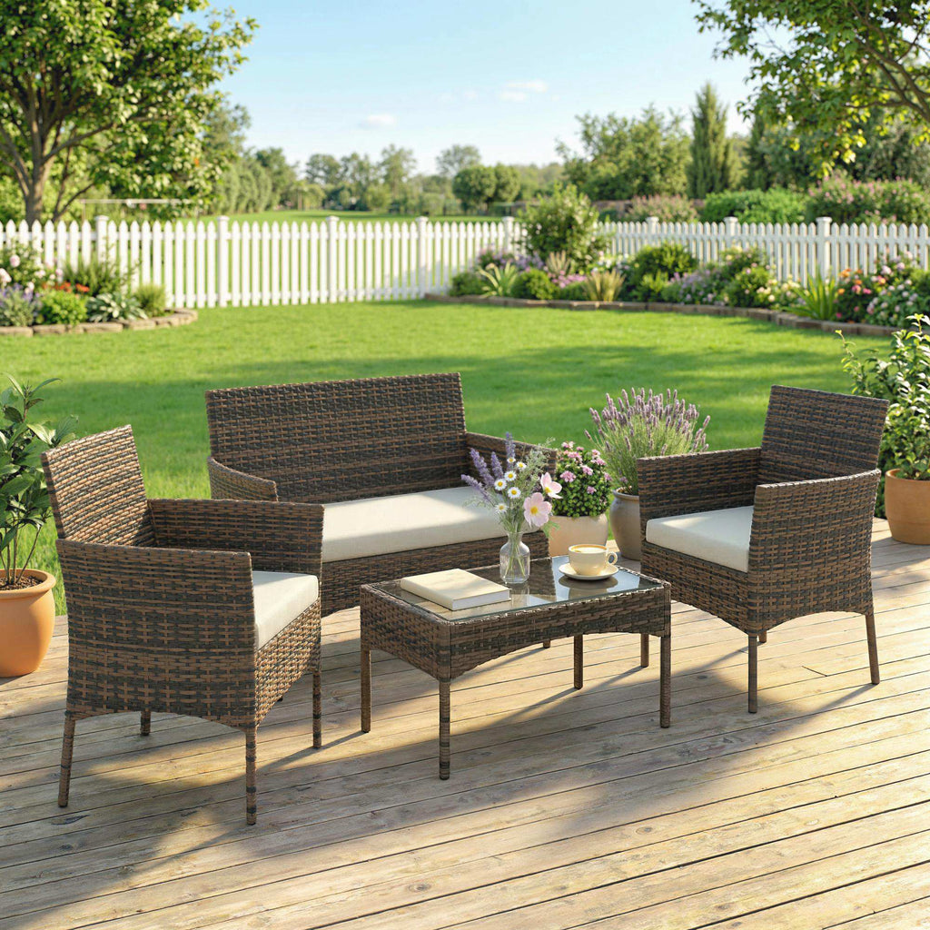 Komplette Loungegruppe aus Polyrattan für 4 Personen – Sofa, Sessel & Couchtisch mit Glas – Braun/Beige