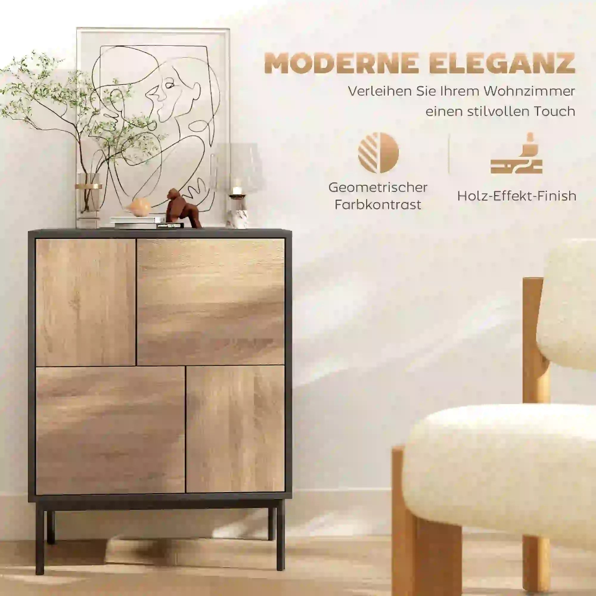 Moderne Kommode mit 4 geschlossenen Fächern – Push-to-Open – Schwarz/Natur