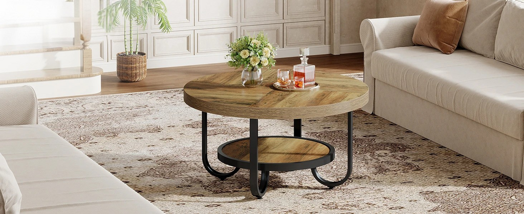 Eleganter runder Couchtisch mit Ablage – Gebogener Stahlrahmen – Ø80 cm