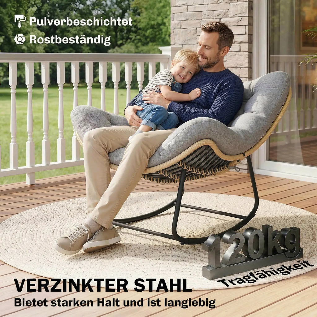 Großer Schaukelnder Lounge-Sessel aus Polyrattan – Dickes Kissen – für Innen und Außen