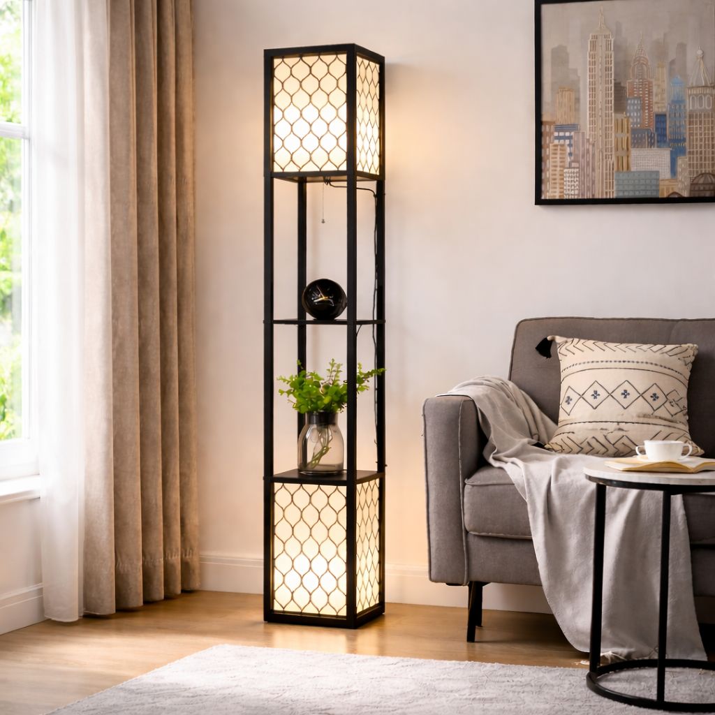 Einzigartige Stehlampe mit 2 Ablagen – Originelles Design – 26 × 26 × 156 cm