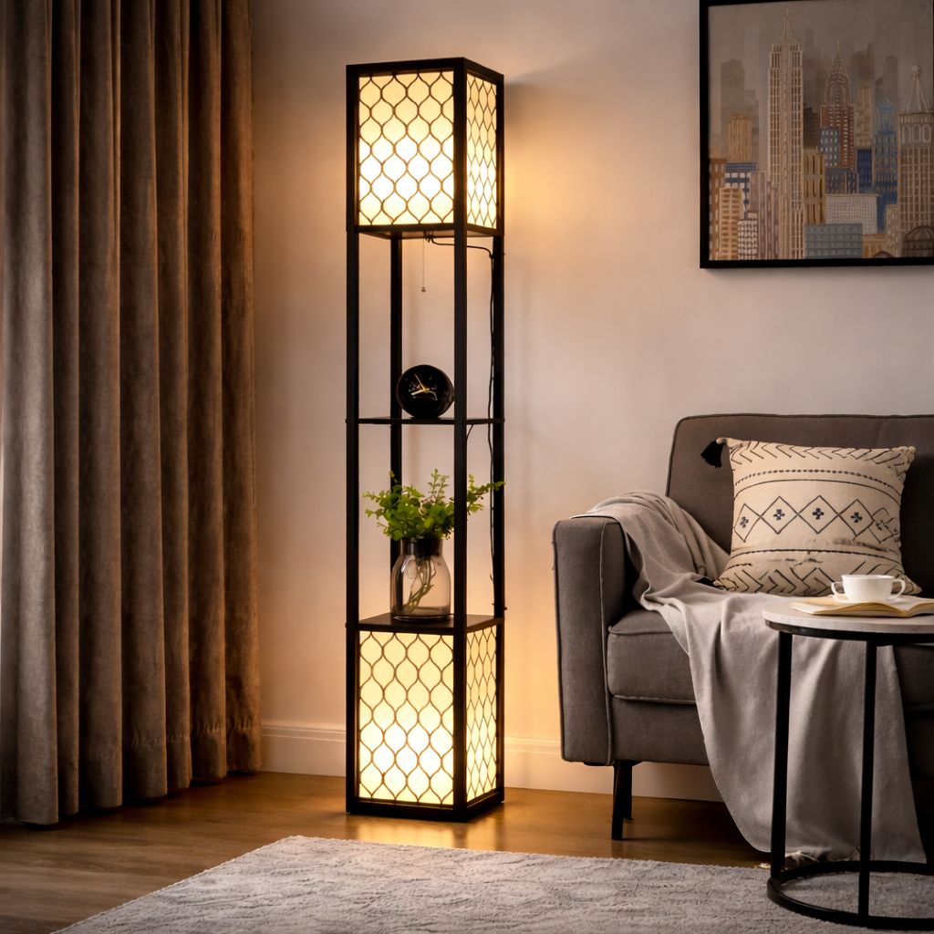 Einzigartige Stehlampe mit 2 Ablagen – Originelles Design – 26 × 26 × 156 cm