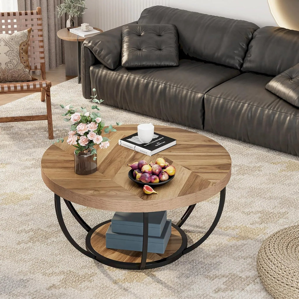 Eleganter Runder Couchtisch mit Ablageboden – Bogenförmiger Stahlrahmen – Ø80,5 cm