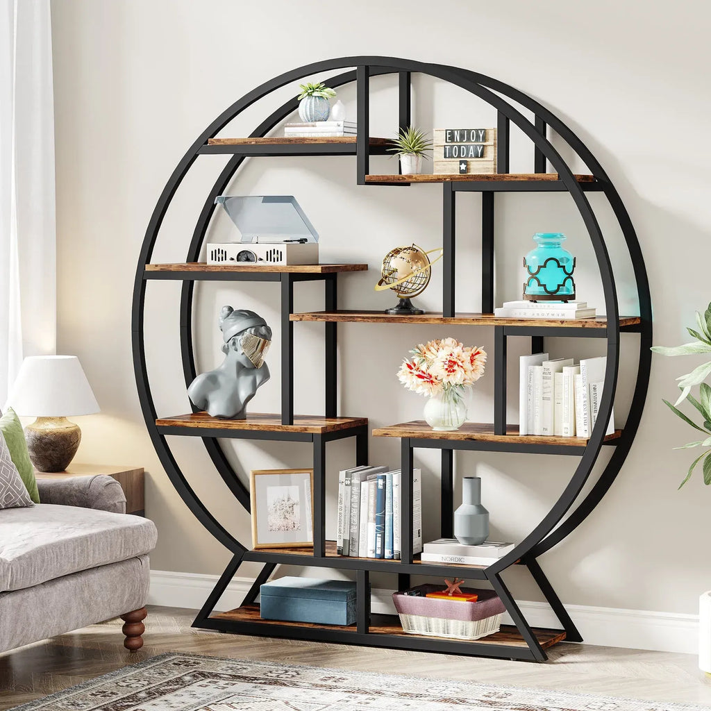 Einzigartiges rundes Regal aus Holz und Metall – 158 cm hoch – Industriestil
