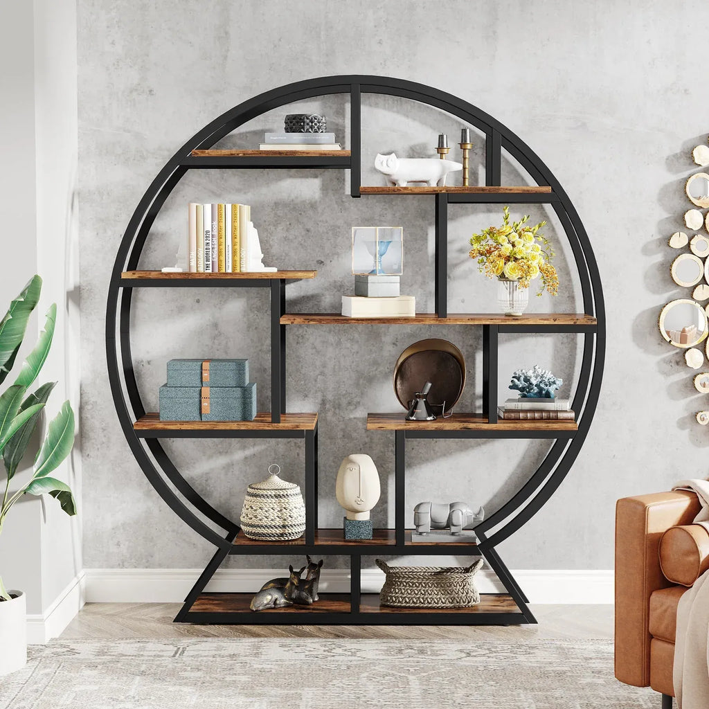 Einzigartiges rundes Regal aus Holz und Metall – 158 cm hoch – Industriestil
