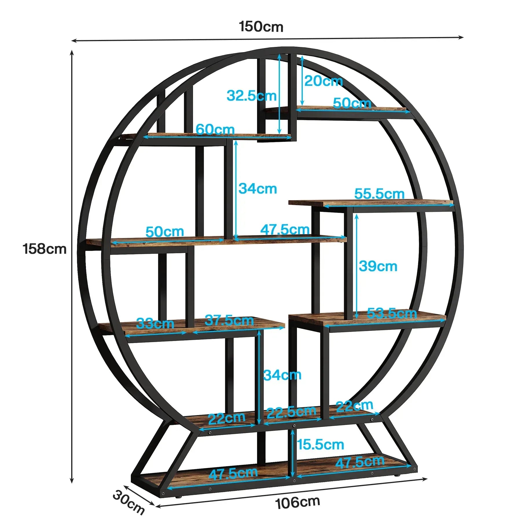 Einzigartiges rundes Regal aus Holz und Metall – 158 cm hoch – Industriestil