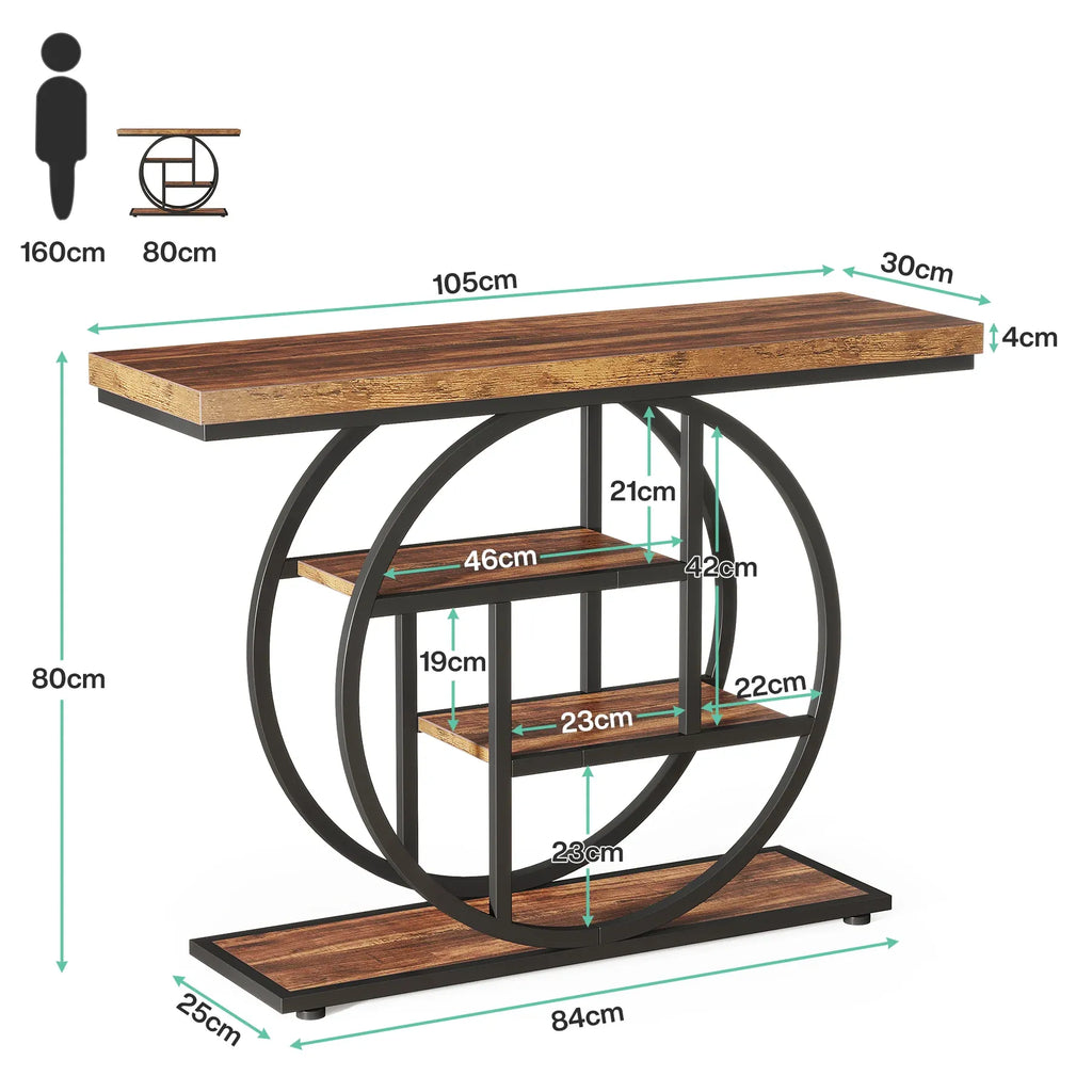 Einzigartiger Konsolentisch mit 4 Ablagen im Industriestil - 105 cm - Braun