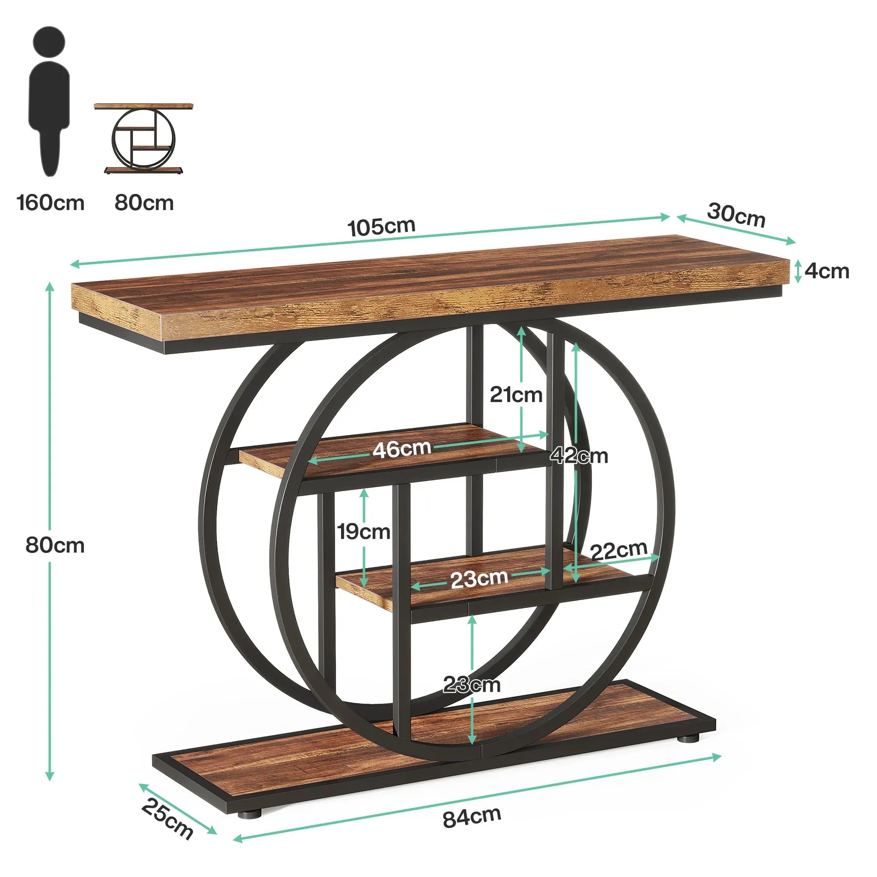Einzigartiger Konsolentisch mit 4 Ablagen im Industriestil - 105 cm - Braun