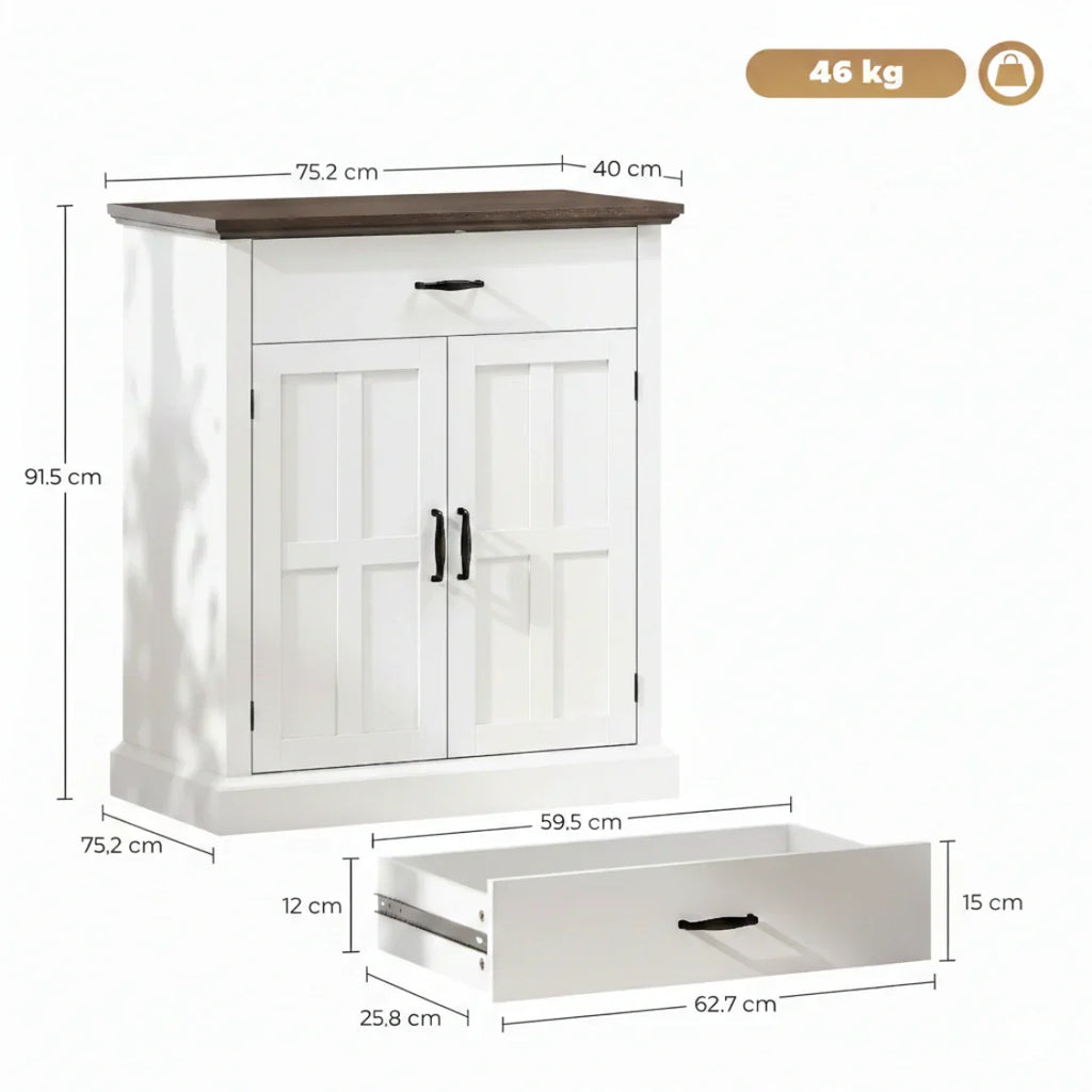Rustik Kommode mit 2 Türen und 1 Schublade – Weiß & Dunkelbraun – 75,2 × 91,5 cm
