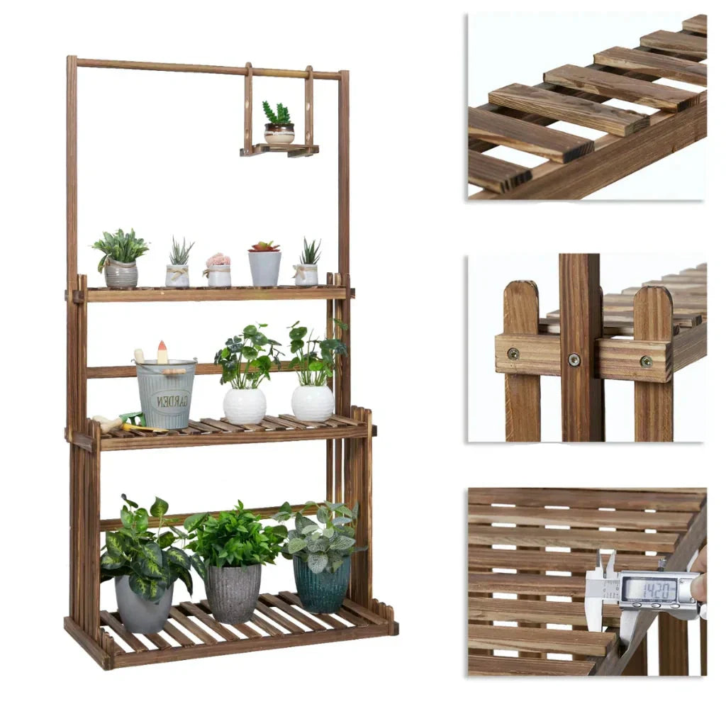 Pflanzenregal aus Holz für den Innen- und Außenbereich – 3 Ebenen mit Aufhängestange