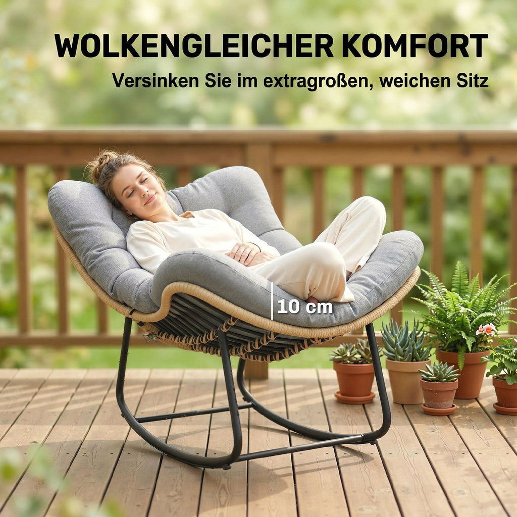 Großer Schaukelnder Lounge-Sessel aus Polyrattan – Dickes Kissen – für Innen und Außen