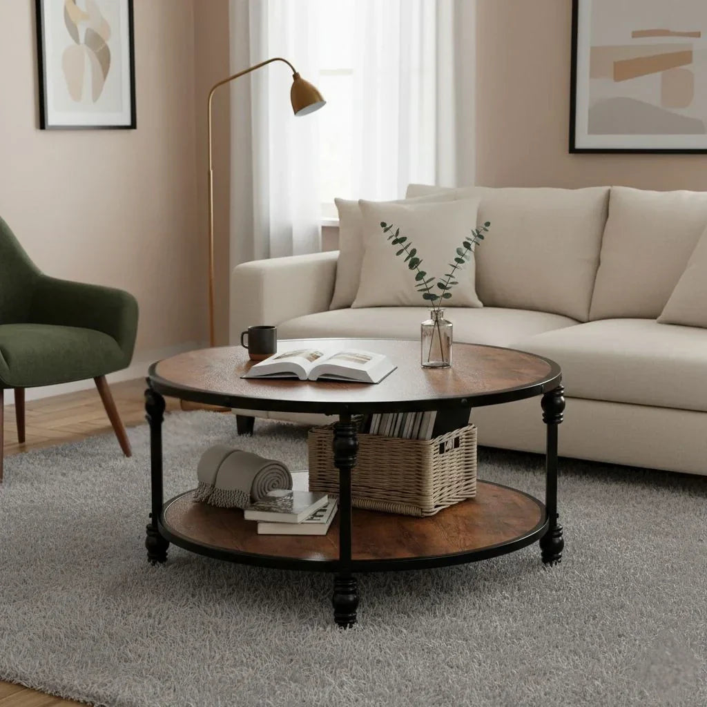Runder Couchtisch im Industriellen Stil mit Ablagefläche – Ø72 cm