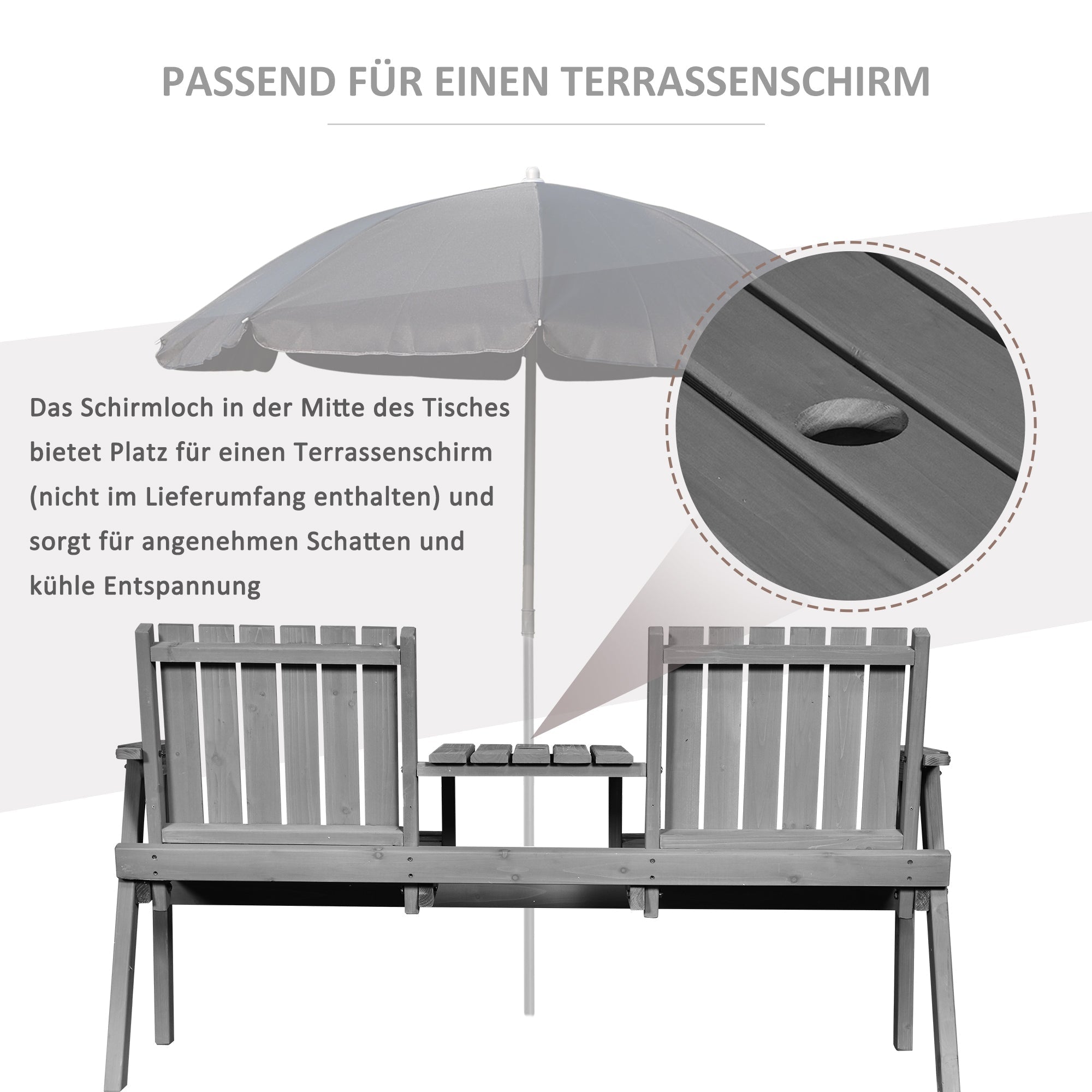 Gartenbank aus Massivholz mit integriertem Tisch – 2-Sitzer – 152 cm – Grau